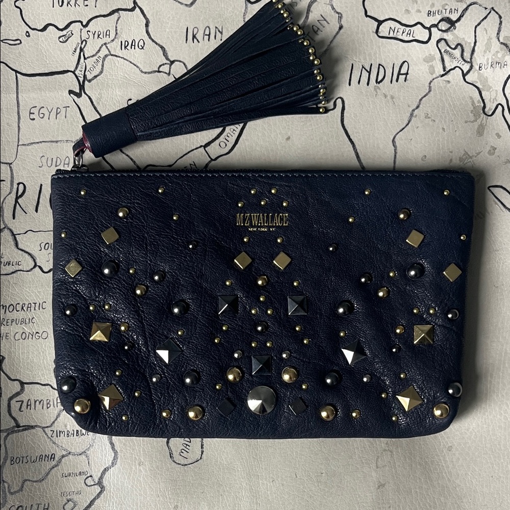 MZ Wallace Navy and Gold Studded Wristlet